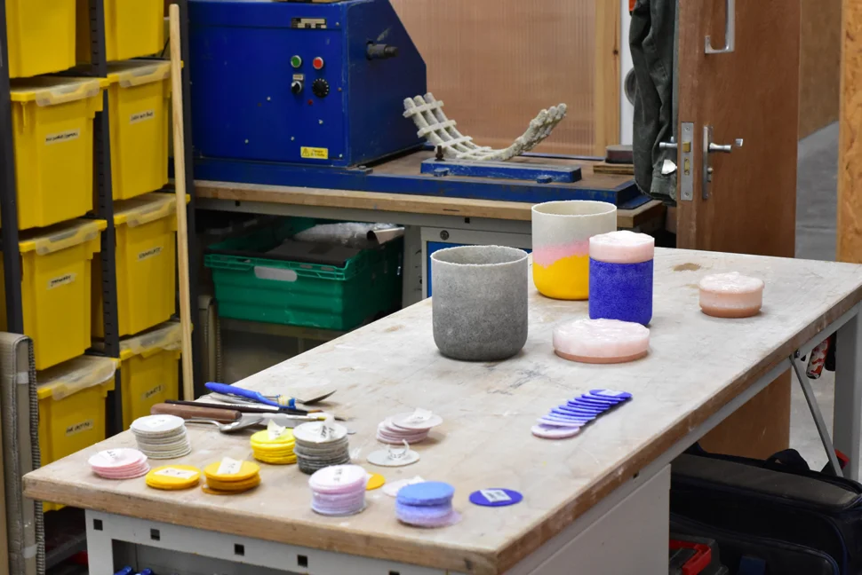 Glass objects on a work bench