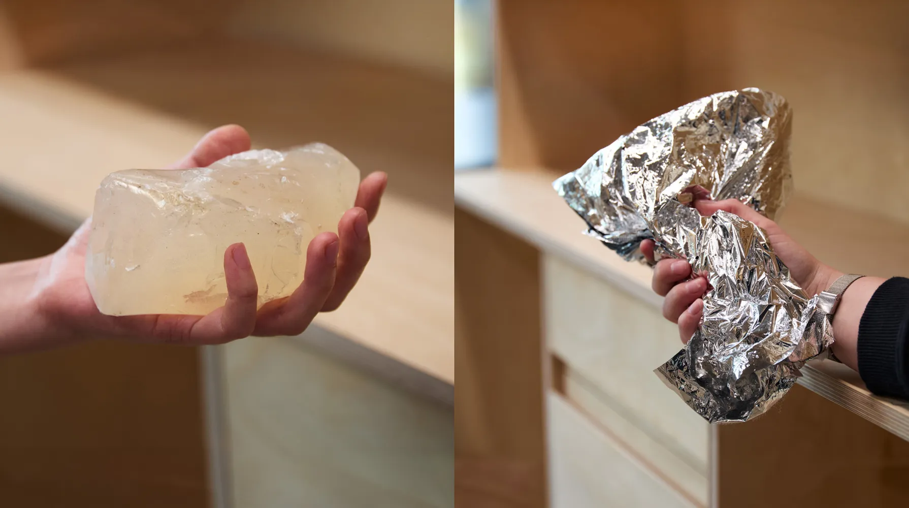 This image is two different photographs shown together. On the left is a close-up of someone's hand holding a piece of white-yellow rock with a waxy-like finish. The rock is large, and sits in the entire palm of the persons hand. The right-hand image is a close-up of someone holding a wrinkled aluminium sheet which is larger than their hand. The person is wearing a silver watch and has a long-sleeved black shirt on.